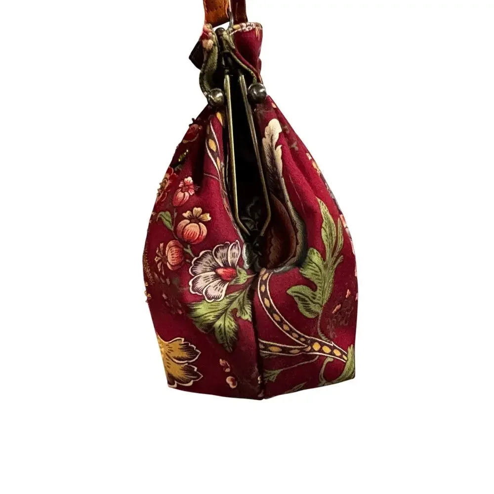 Isabella Fiore beaded Shoulder bag purse multicolor floral & tan leather trim